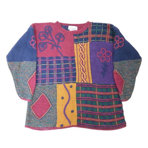 Vintage 90s Casual Elements purple yellow plaid patchwork sweater S - Picture 5 of 6